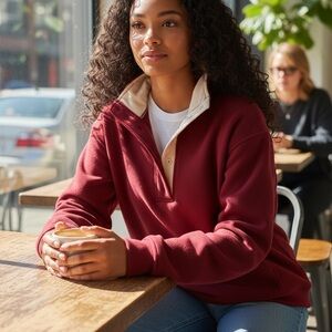 Red Oversized Henley Pullover Sweatshirt Womens Small NWOT